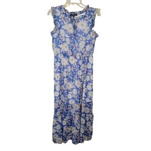 Adrienne Vittadini Maxi Dress Ruffle Floral Sleeveless Blue & White Size Medium